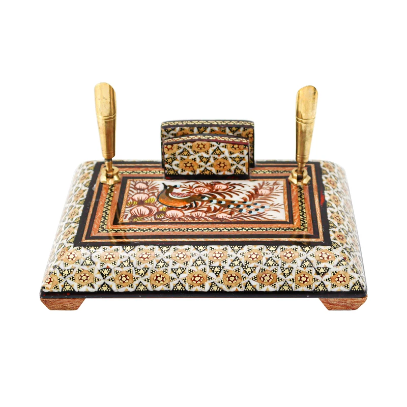 قلمدان خاتم کاری مدل اداری طرح گل و مرغ برجسته کد Br15p10-1f4