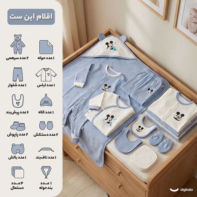 ست 24 تکه لباس نوزادی طرح میکی موس آبی مدل bsbm01