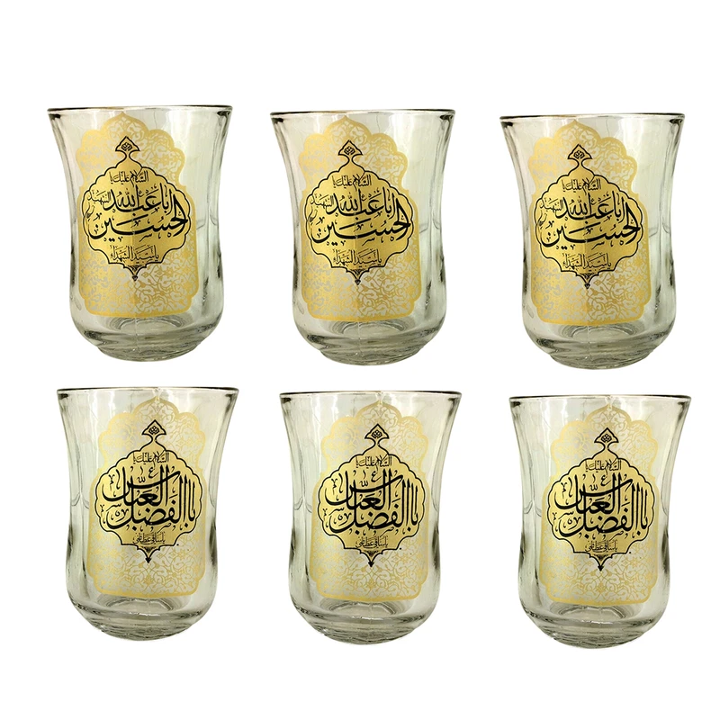 استکان مدل مذهبی کمرباریک دسته دار طرح السلام علیک یا اباعبدالله الحسین ع و السلام علیک یا اباالفضل العباس ع کد 102527 بسته 6 عددی