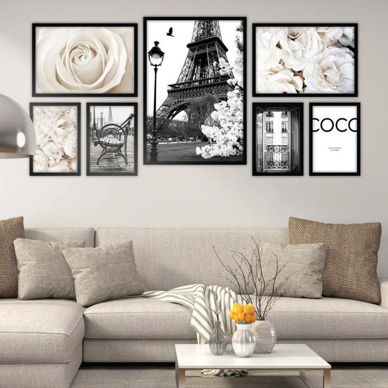 تابلو بکلیت طرح برج ایفل و گل رز سفید مدل B-2187 مجموعه 7 عددی