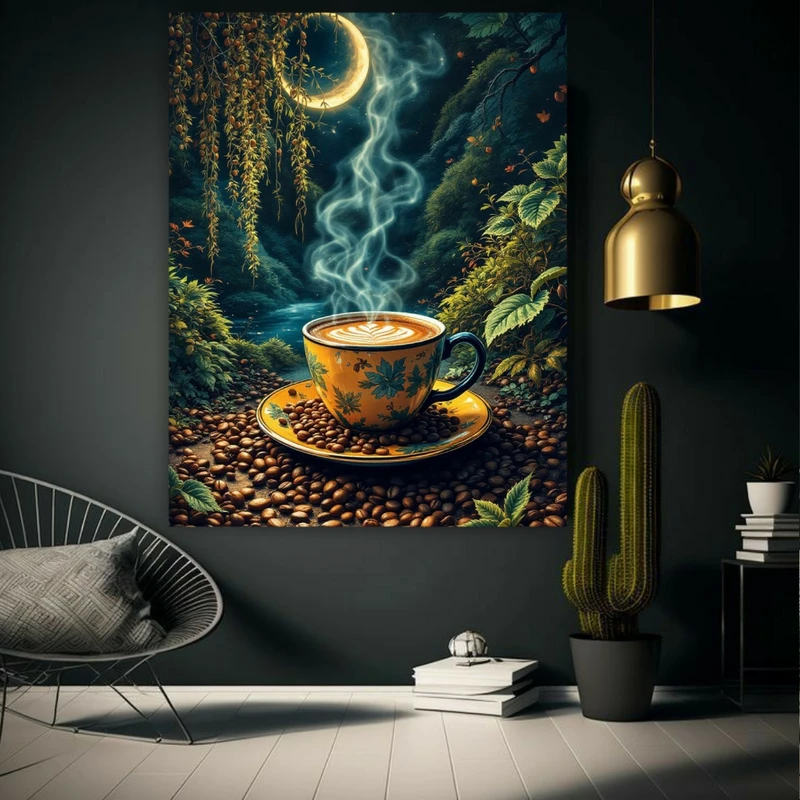 پوستر طرح مخمل فنجان قهوه مدل ماه و جنگل کد BK23565