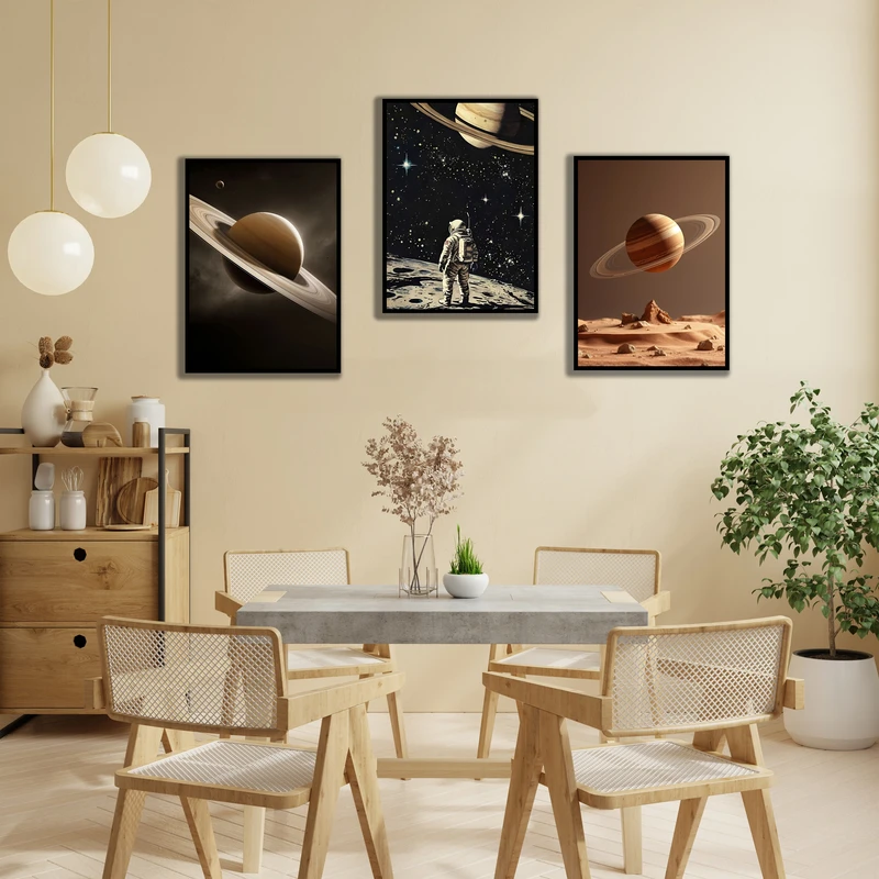 تابلو بکلیت مدل قاب شاسی طرح دکوراتیو فضانورد و کهکشان و منظومه شمسی کد B-MR-1080 مجموعه 3 عددی فریم مشکی