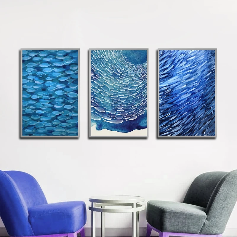 تابلو بکلیت طرح مدرن نقاشی ماهی مدل SI-3454 فریم نقره ای مجموعه 3 عددی