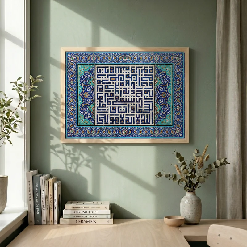 تابلو طرح کاشی کاری آیت الکرسی مدل G15370 فریم کرم روشن