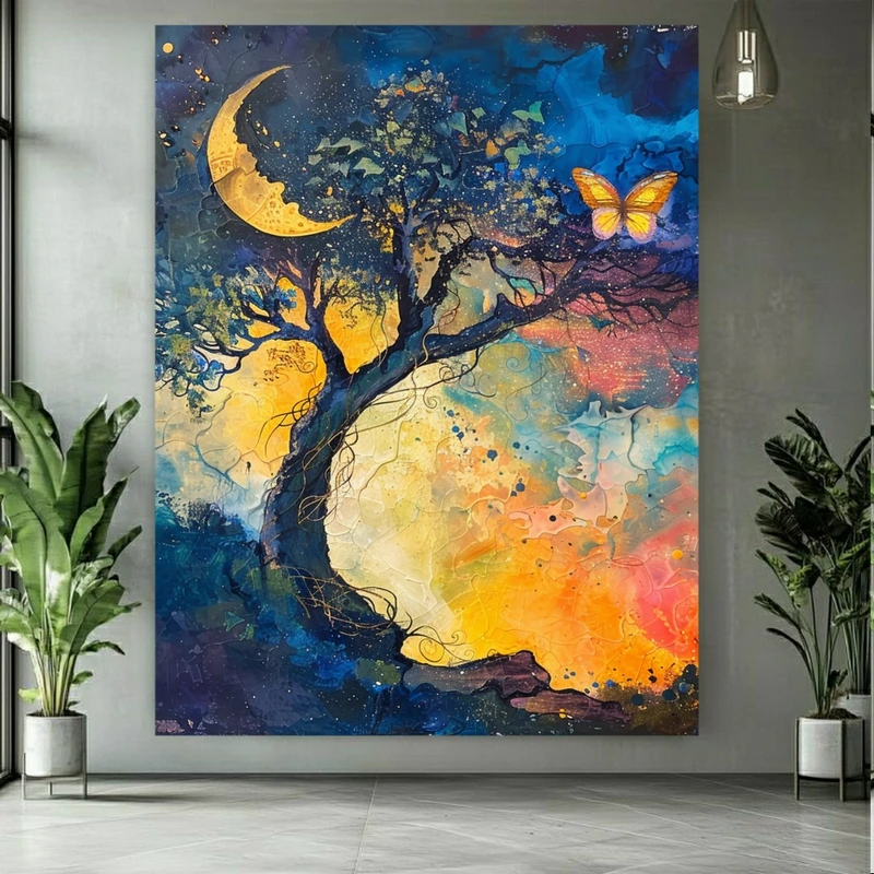 پوستر پارچه ای طرح مخمل  نقاشی هنری مدل درخت در آسمان رنگی کد PY764