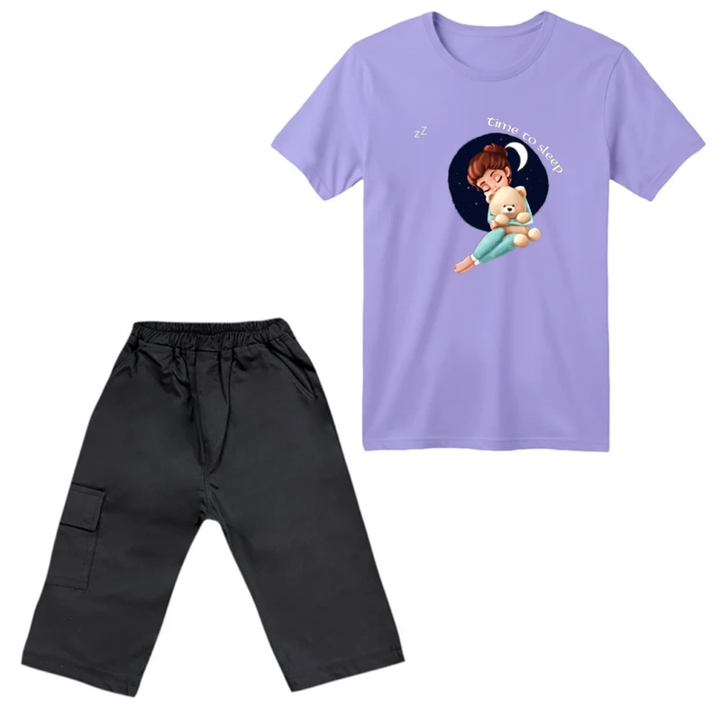 ست تی‌شرت آستین کوتاه و شلوارک دخترانه مدل دخترک و ماه