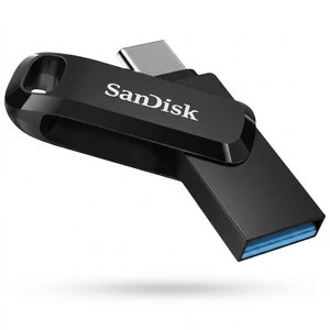 فلش مموری سن دیسک ultra dual drive go ظرفیت 256 گیگابایت با دو رابط usb type-c و usb type-a، طراحی چرخشی، سرعت خواندن 150 مگابایت بر ثانیه، سازگار با کامپیوتر، لپ تاپ، تبلت و گوشی موبایل
