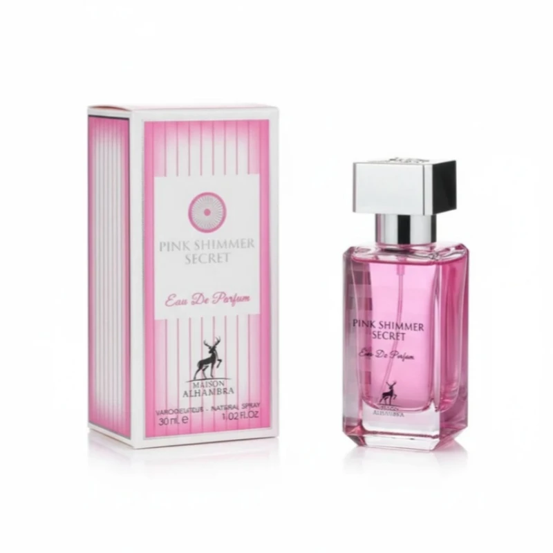 عطر جیبی زنانه الحمبرا مدل PINK SHIMMER SECRET با رایحه خنک حجم 30 میلی‌لیتر