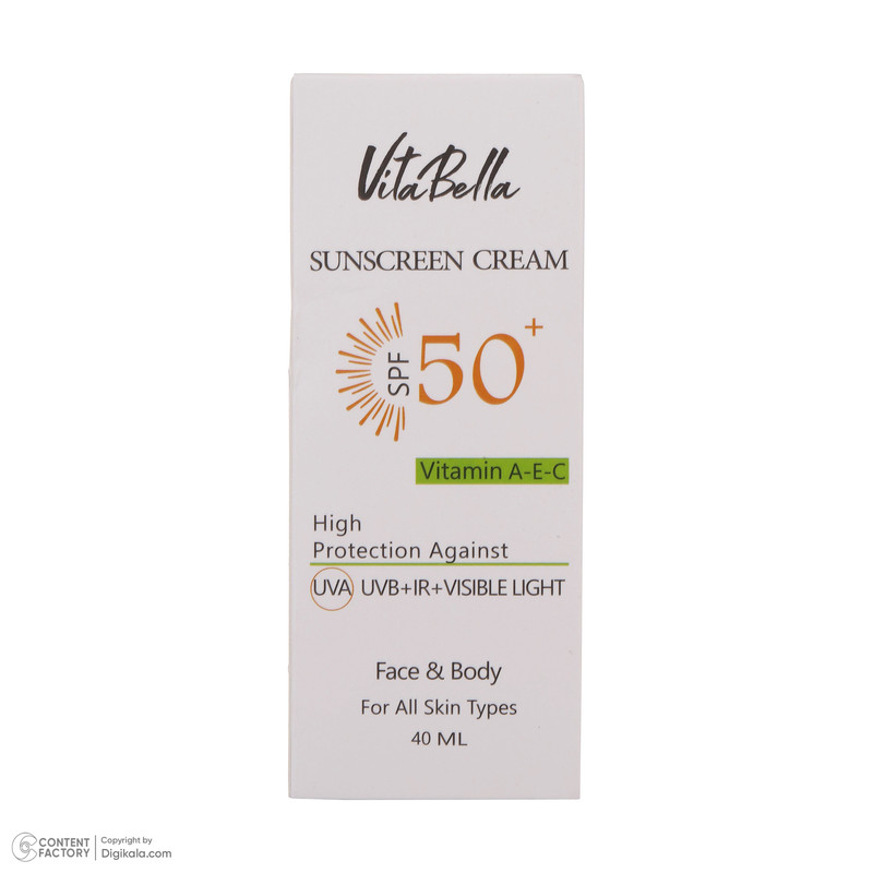کرم ضدآفتاب بی‌رنگ ویتابلا +SPF50 مدل 001 مناسب انواع پوست، حجم 40 میلی‌لیتر