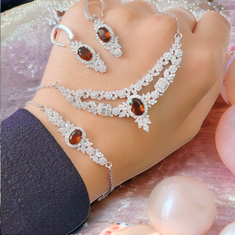 نیم ست نقره زنانه مدل دو ردیف یاقوت