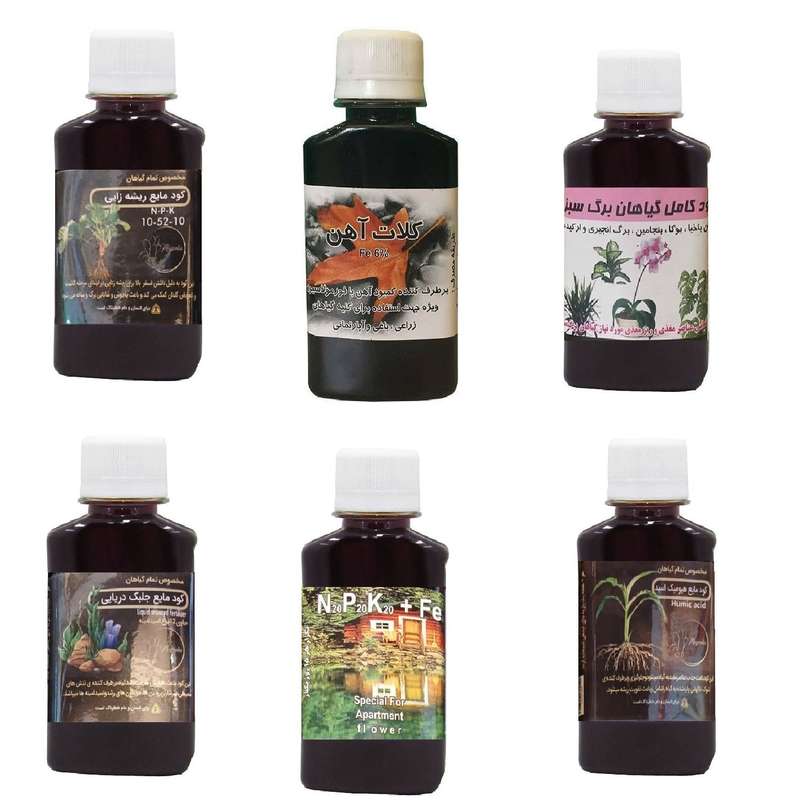 کود مایع فسفر ریشه زایی 10-52-10 و کلات آهن و کود کامل گیاهان برگ سبز و کود جلبک دریایی و کود سه بیست و هیومیک اسید مدل life drop حجم 120 میلی لیتر