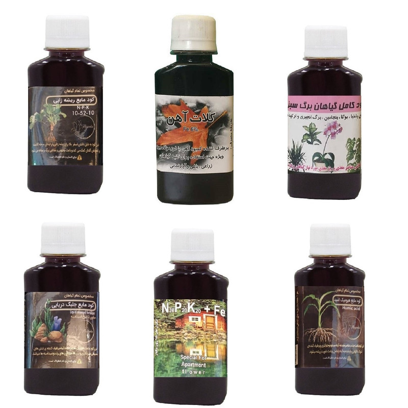 کود مایع فسفر ریشه زایی 10-52-10 و کلات آهن و کود کامل گیاهان برگ سبز و کود جلبک دریایی و کود سه بیست و هیومیک اسید مدل life drop حجم 120 میلی لیتر