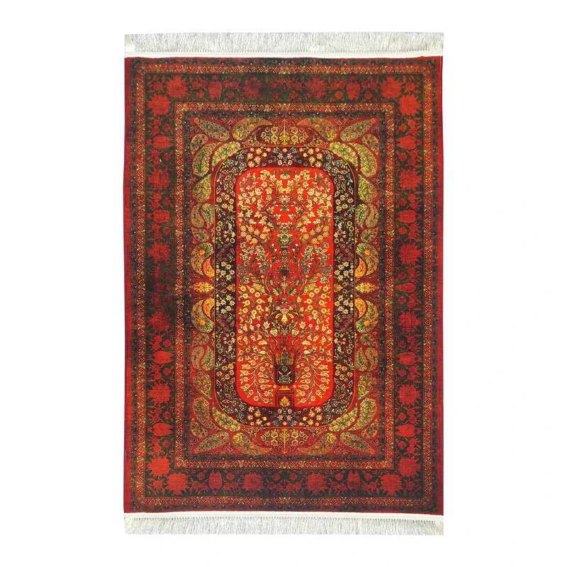 فرش ماشینی 700 شانه زمینه نارنجی حاشیه قرمز فرش بهراد مدل 202733