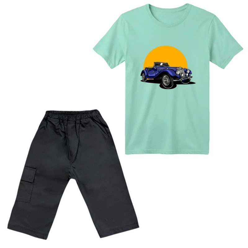 ست تی‌شرت آستین کوتاه و شلوارک پسرانه مدل ماشین