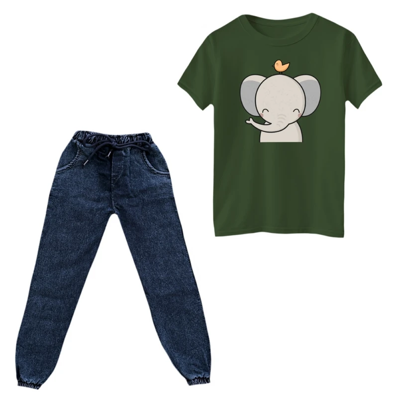 ست تی‌شرت و شلوار دخترانه مدل فیل کد ۷ رنگ یشمی