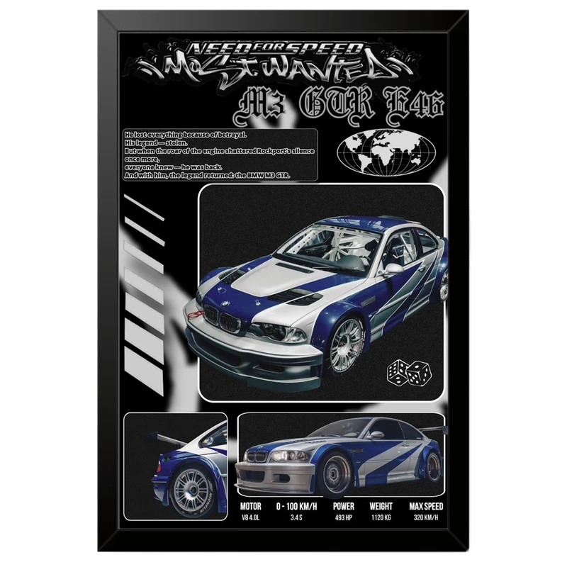 تابلو بکلیت طرح ماشین و خودرو بی ام و BMW M3 GTR NEED FOR SPEED MOST WANTED مدل B-po1871 فریم مشکی