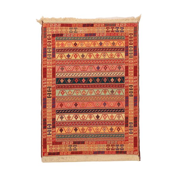 گلیم دستبافت یک و نیم متری مدل ورنی زمینه رنگی کد 4040497