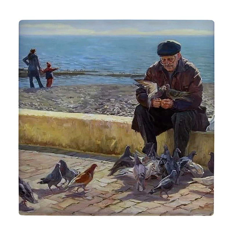  زیر لیوانی  طرح نقاشی پیرمرد و کبوترها کد    5927737_4654