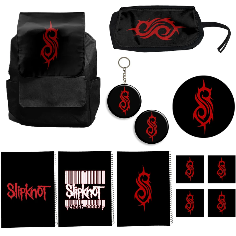 کوله پشتی طرح slipknot کد A2 به همراه دفتر مشق و جامدادی و زیر لیوانی و جاکلیدی مجموعه 12 عددی