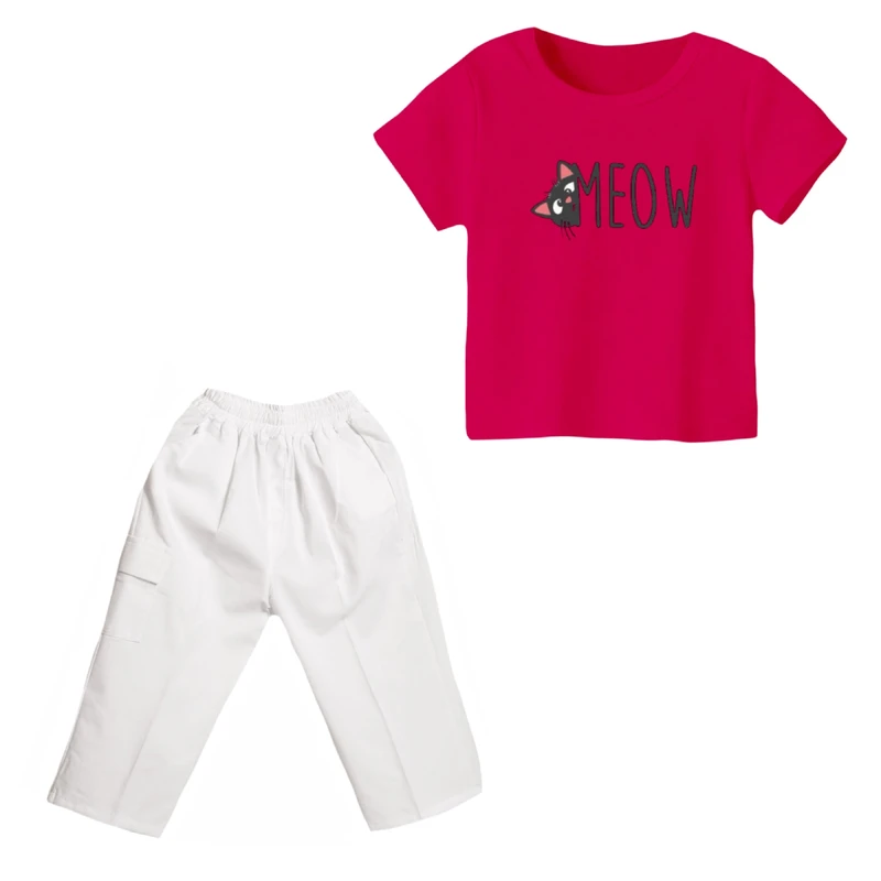 ست تی شرت و شلوارک دخترانه مدل گربه کد 16
