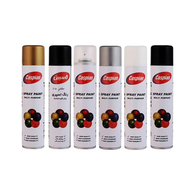 اسپری رنگ مشکی مات و براق، طلایی، نقره ای،سفید براق، کلرشفاف کاسپین مدل cas6 حجم 300 میلی لیتر