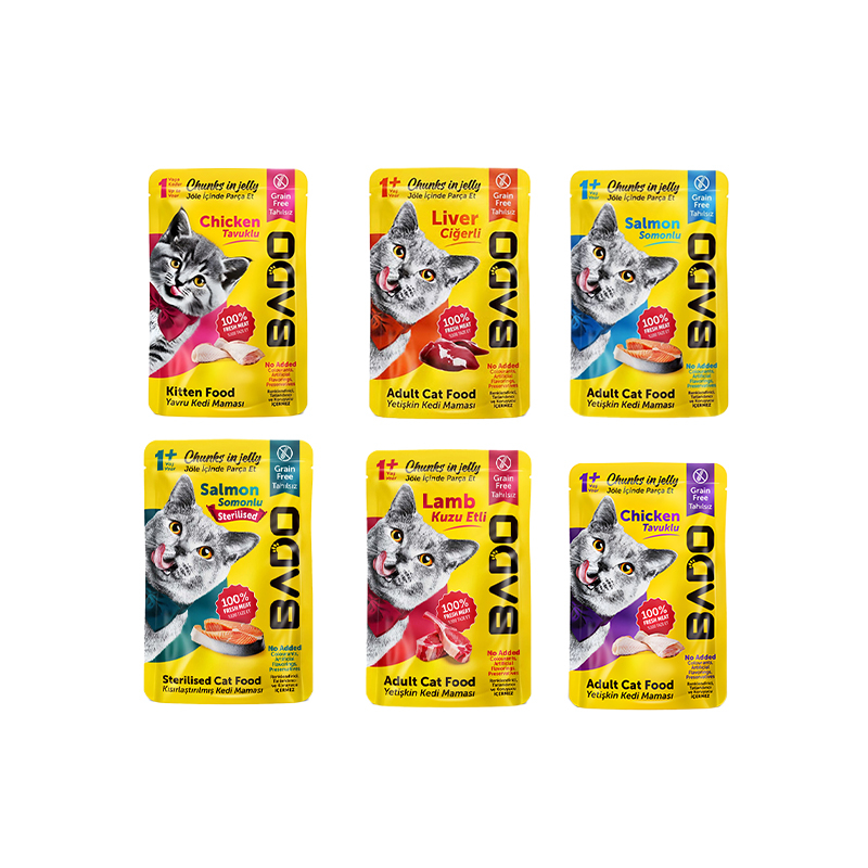 پک پوچ گربه بادو مدل Pouch Pack طعم مرغ،سالمون،بره،جگر وزن 510 گرم بسته 6 عددی