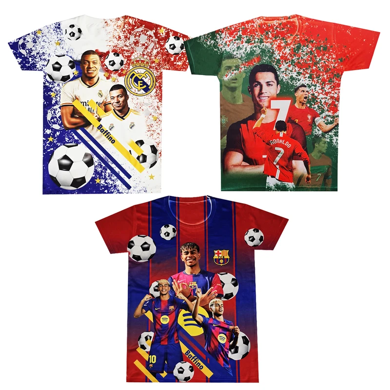 تی‌شرت آستین کوتاه ورزشی پسرانه مدل رونالدو و امباپه و یامال مجموعه 3 عددی