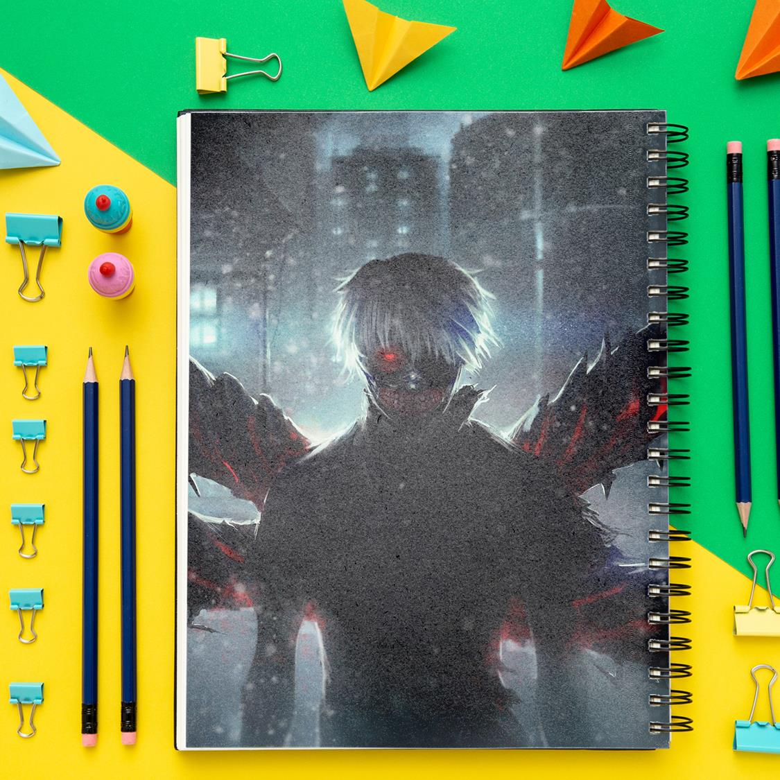 دفتر مشق باژیکان طرح انیمه توکیو غول Tokyo Ghoul کد 20211486 به همراه استیکر لپ تاپ مجموعه 14 عددی