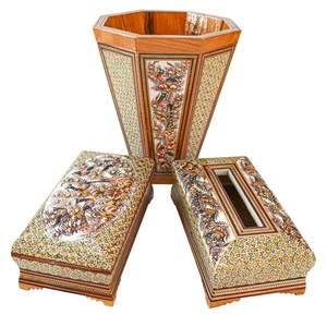 ست 3 تکه سطل و جعبه دستمال کاغذی و جعبه کارد و چنگال خاتم کاری مدل نقاشی برجسته کد br21sim