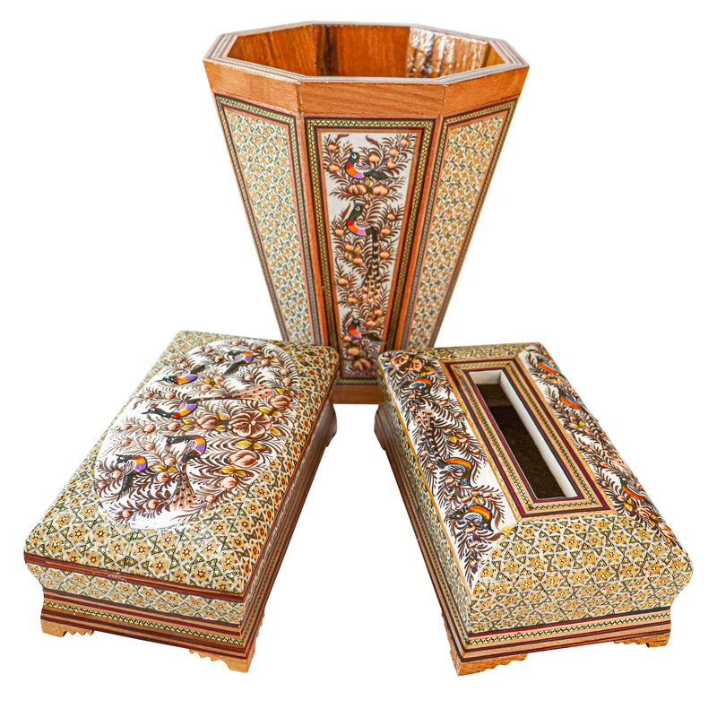 ست 3 تکه سطل و جعبه دستمال کاغذی و جعبه کارد و چنگال خاتم کاری مدل نقاشی برجسته کد br21sim