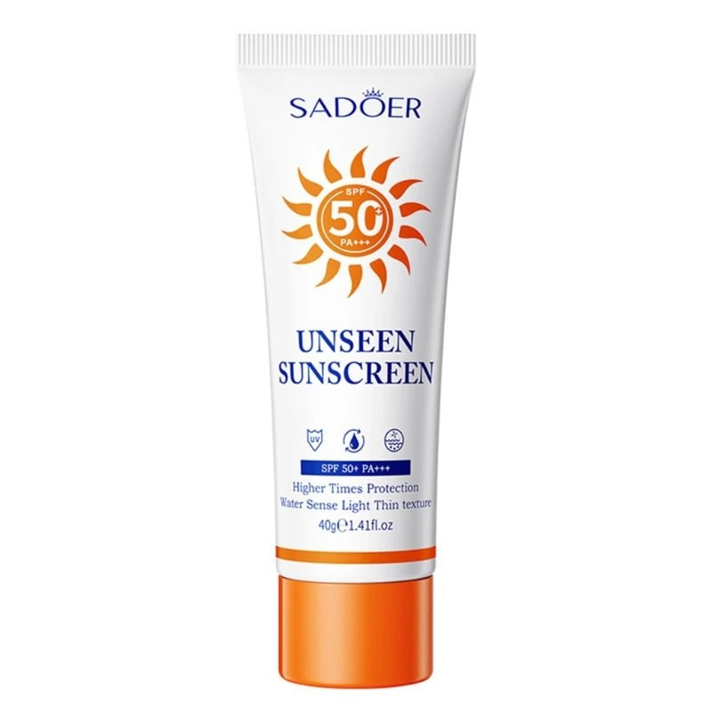 کرم ضد آفتاب بدون رنگ صورت و بدن سادور spf50 مدل UNSEEN محافظ PA+++,UVA،UVB مناسب برای انواع پوست وزن 40 گرم