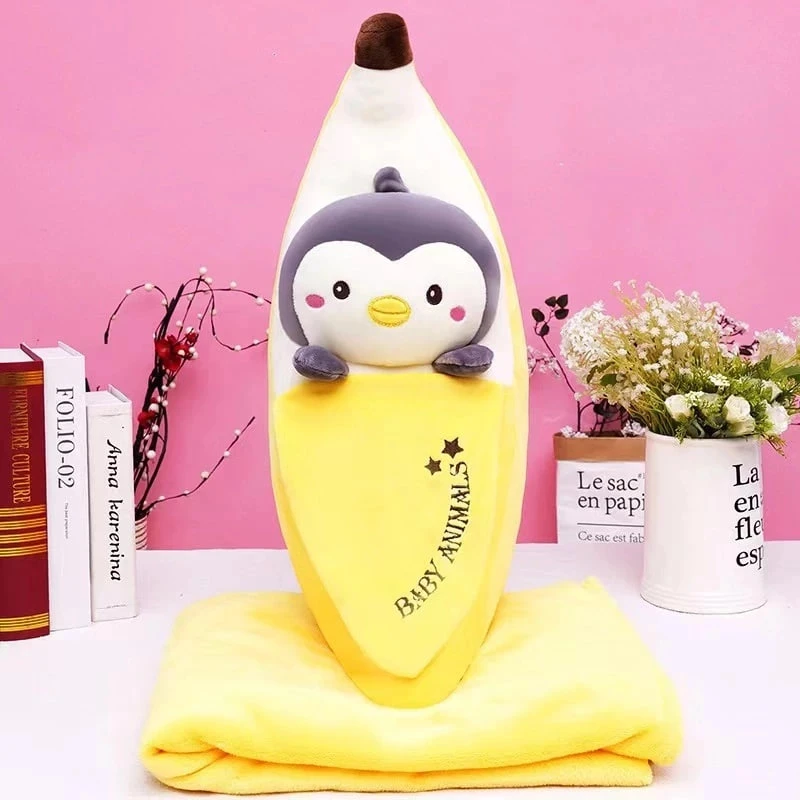 عروسک مدل موز بالشتی پنگوئن ارتفاع 60 سانتی‌ متر به همراه پتو