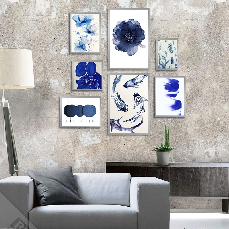 تابلو ساده بکلیت طرح نقاشی مینیمال و گل و ماهی مدل شاین اکلیلی SI-3016 فریم نقره ای مجموعه 7 عددی