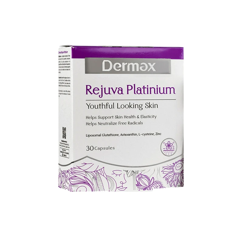 کپسول مکمل سلامت پوست درمکس مدل Rejuva Platinium بسته 30 عددی با ویتامین C و روی، حفظ سلامت سلول‌های پوست و تقویت ترمیم پوست