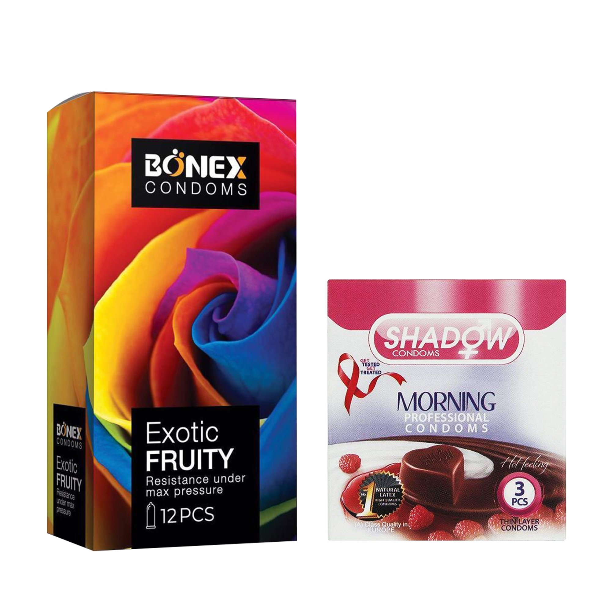 کاندوم بونکس مدل Exotic Fruity بسته 12 عددی به همراه کاندوم شادو مدل Morning بسته 3 عددی 