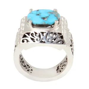 انگشتر نقره مردانه بازرگانی میلادی مدل سنگ فیروزه طبیعی نیشابور رکاب دست ساز سیاه قلم کد AM_2048