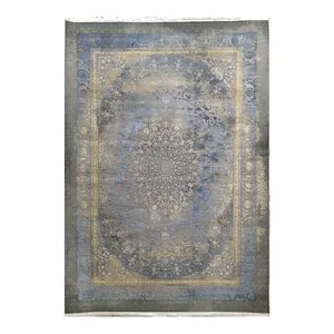 فرش ماشینی 1200 شانه زمینه طوسی حاشیه آبی مدل ویستان لاوین طرح وینتیج