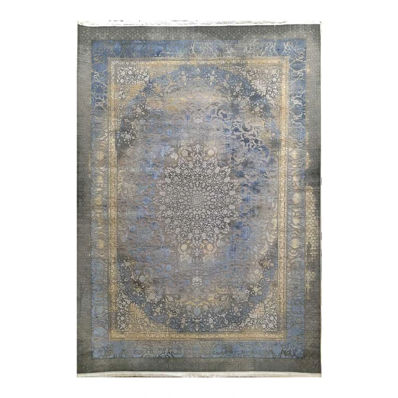 فرش ماشینی 1200 شانه زمینه طوسی حاشیه آبی مدل ویستان لاوین طرح وینتیج