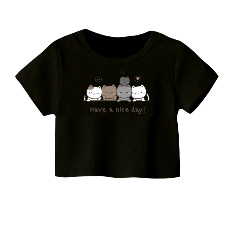 کراپ‌ تی‌شرت آستین کوتاه زنانه مدل گربه های بامزه