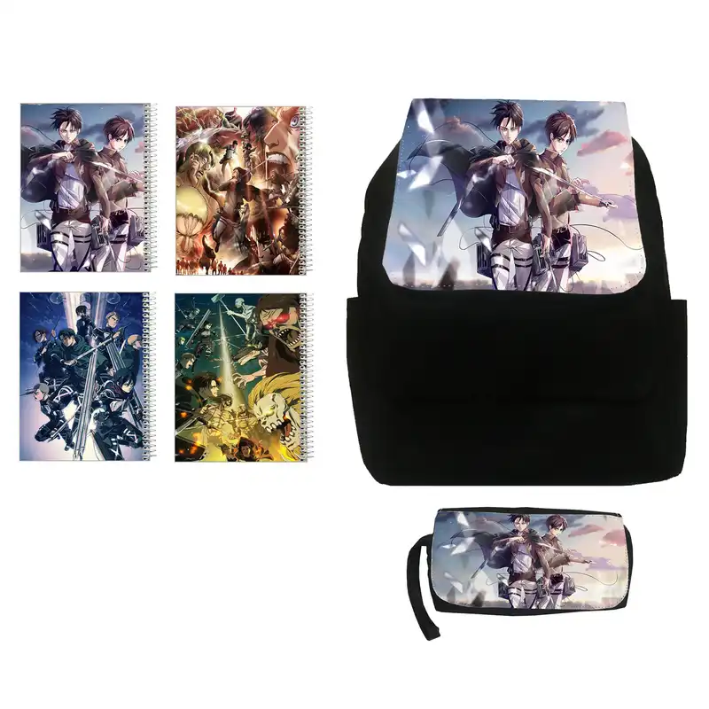 کوله پشتی مدل انیمه تایتان کد kj34 به همراه جامدادی و دفتر مشق مجموعه 4 عددی