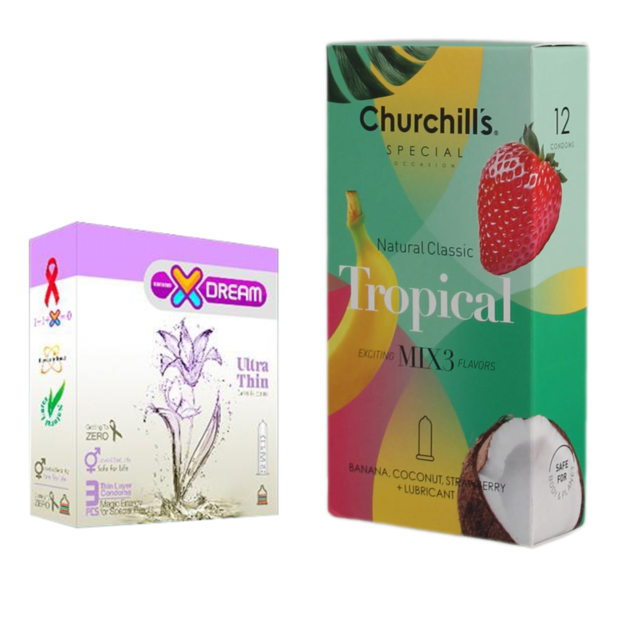 کاندوم چرچیلز مدل Tropical بسته 12 عددی به همراه کاندوم ایکس دریم مدل Ultra Thin بسته 3 عددی