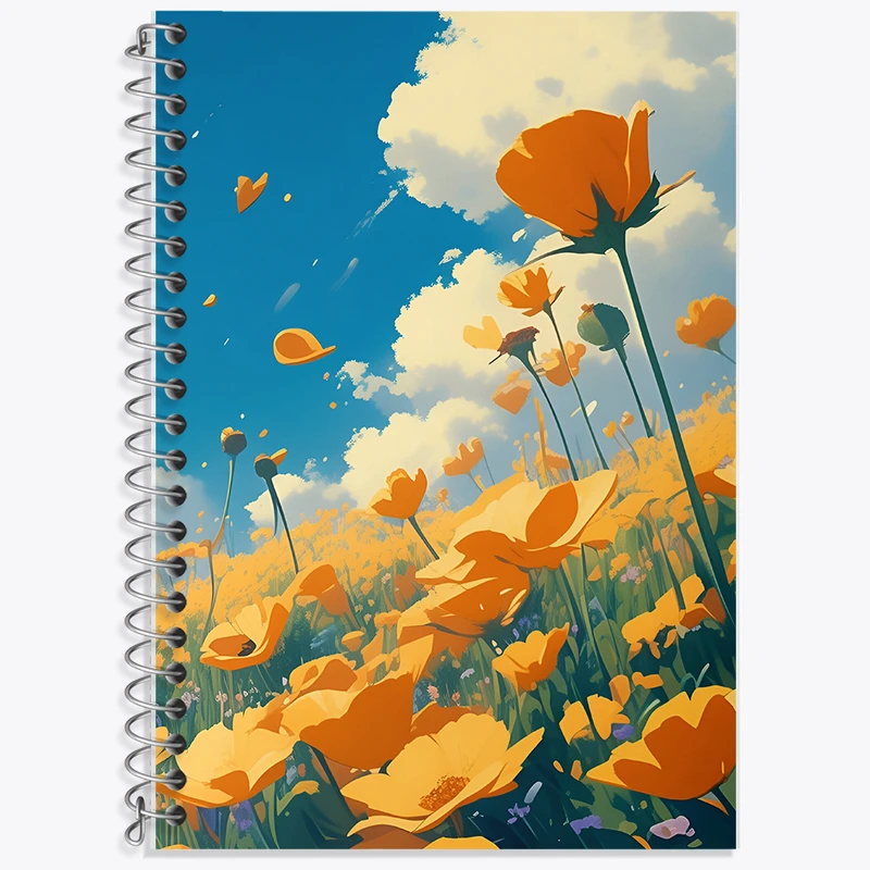 دفتر زبان 50 برگ خندالو مدل دو خط طرح منظره ی گل های نارنجی کد F6041