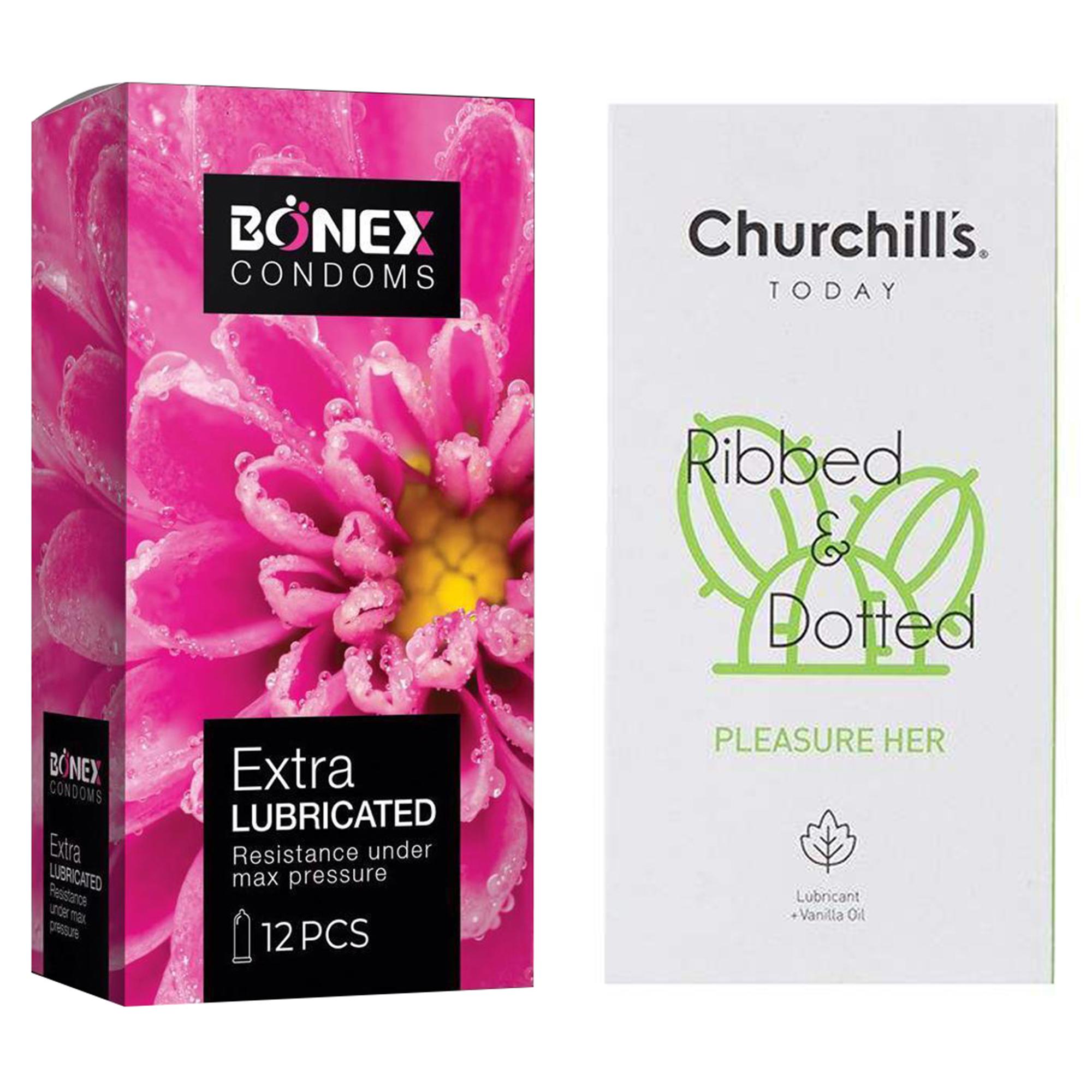 کاندوم چرچیلز مدل Pleasure Her بسته 12 عددی به همراه کاندوم بونکس مدل Extra Lubricated بسته 12 عددی 