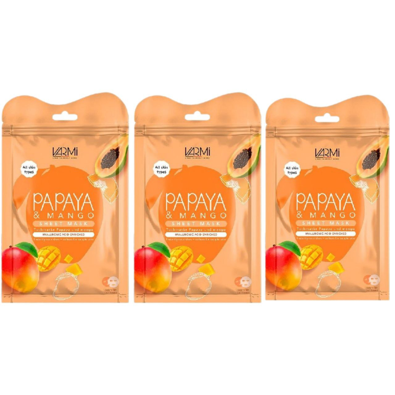 ماسک دبل شیت وارمی مدل پاپایا و انبه مناسب انواع پوست حجم 45 میلی لیتر بسته بندی 3 عددی