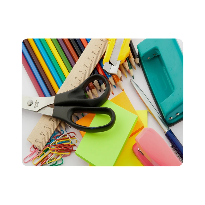 ماوس پد اطلس آبی طرح برگه و قیچی و مداد رنگی و دستگاه پانچ و خط کش و منگه و گیره  مدل T6955