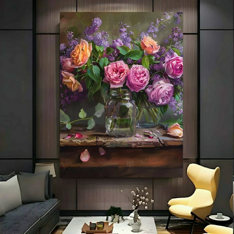 پوستر پارچه ای طرح مخمل  طبیعت مدل گلدان گل روی میز کد PY933