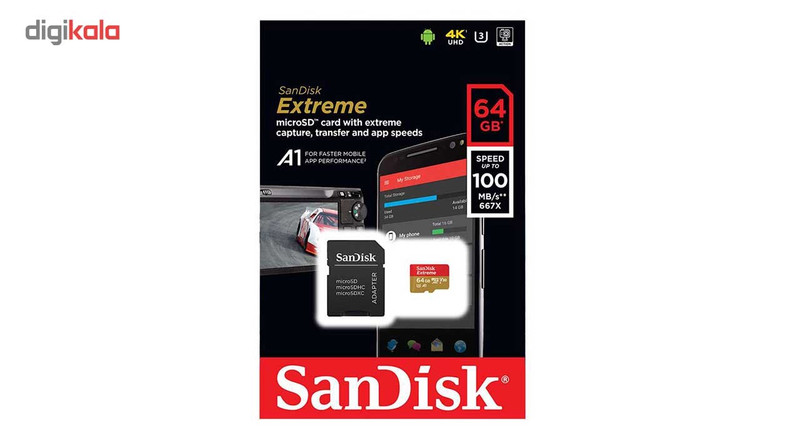 کارت حافظه microSDXC سن دیسک مدل Extreme V30 کلاس A1 استاندارد UHS-I U3 سرعت 100MBps 667X همراه با آداپتور SD ظرفیت 64 گیگابایت