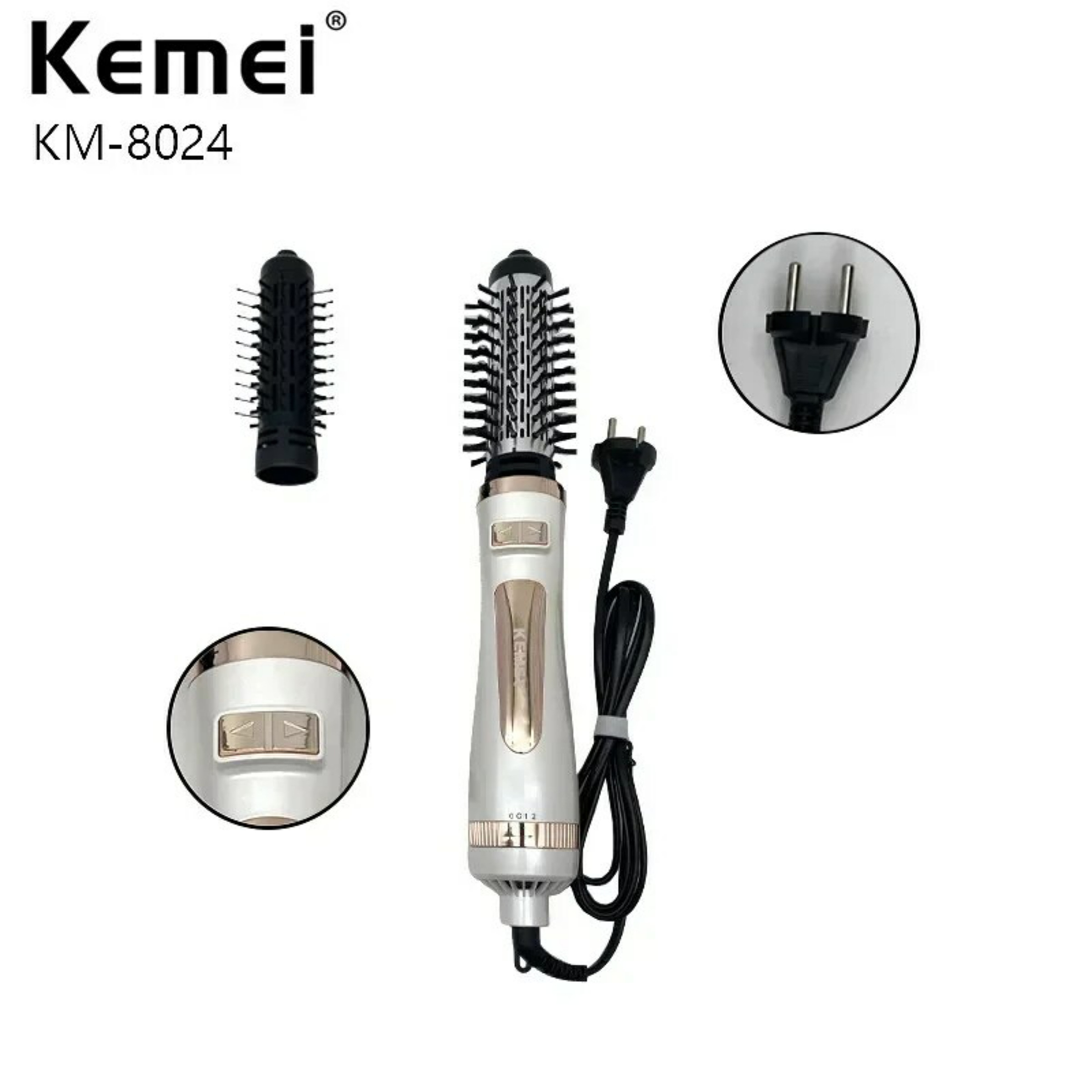 سشوار برس‌دار چرخشی 800 وات کمی مدل KM-8024، موتور AC، وزن 850 گرم، المنت سرامیک تورمالین، دارای سری برس‌دار گرد باریک، سری برس‌دار گرد پهن با ویژگی صاف‌کنندگی، حجم‌دهندگی، با قابلیت باد سرد