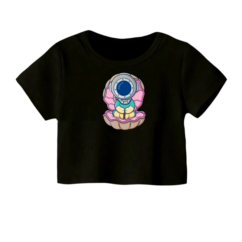 کراپ‌ تی‌شرت آستین کوتاه زنانه مدل آدم فضایی کد 04