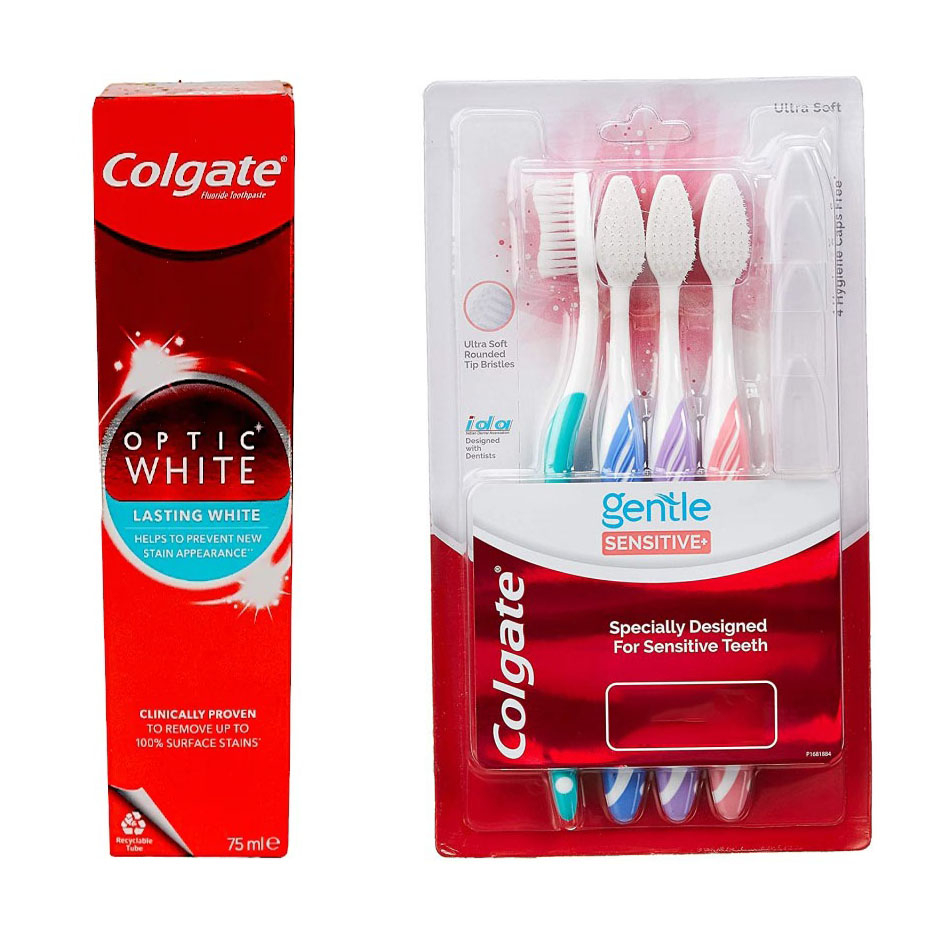 خمیر دندان کلگیت مدل Optic White حجم 75 میلی لیتربه همراه مسواک کلگیت مدل Gentle Sensetive با برس خیلی نرم مجموعه 4 عددی